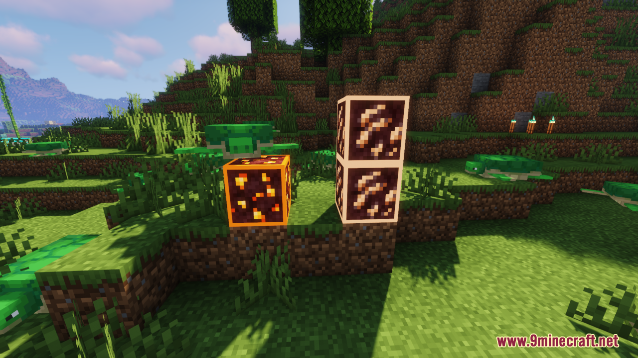 Glowing magma block and ancient debris placed next to sea turtles