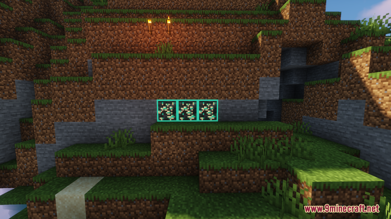 Three glowing diamond ores embedded in a dirt and stone hillside