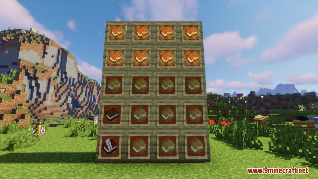 Golden Enchanted Glint Resource Pack Screenshot 1 Wall of item frames displaying various books with golden glint