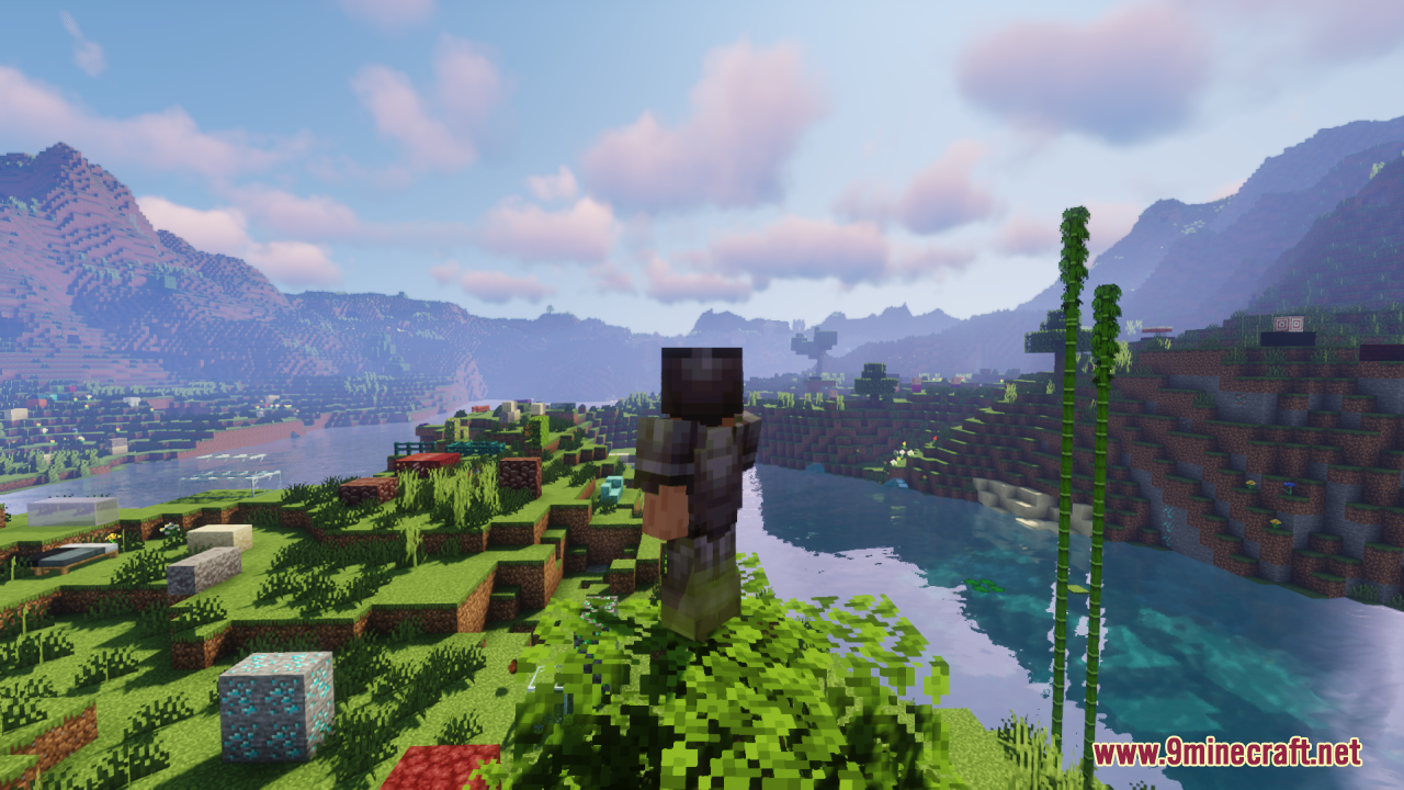 Golden Enchanted Glint Resource Pack Screenshot 10 Player in armor looking over a river and mountain landscape