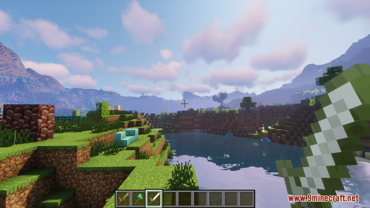 Golden Enchanted Glint Resource Pack Screenshot 13 Player holding a sword with a golden enchanted glint near water