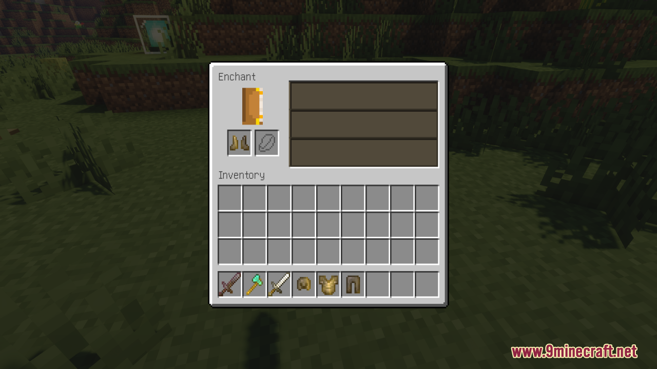 Golden Enchanted Glint Resource Pack Screenshot 8 Player inventory in enchanting table showing golden boots and golden glint