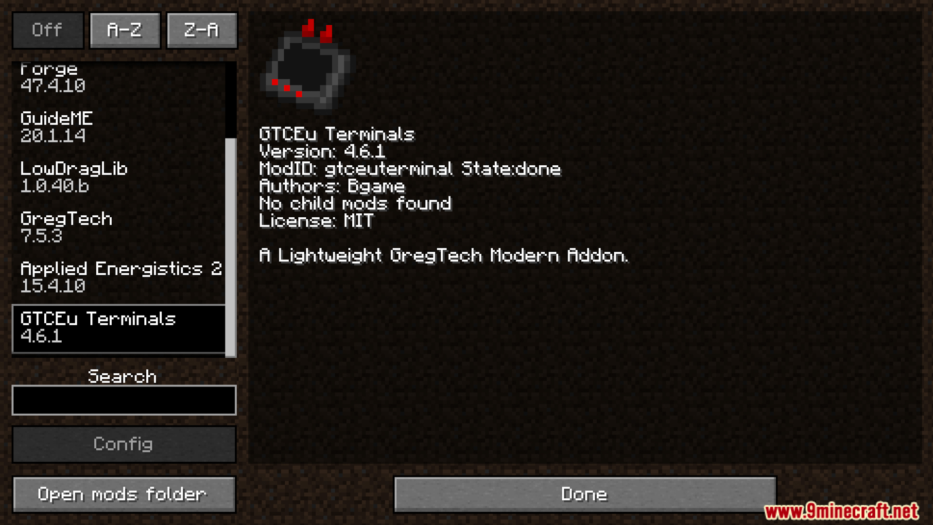Gtceu Terminals Mod Screenshot 1 Minecraft mod list menu showing the GTCEu Terminals mod installed