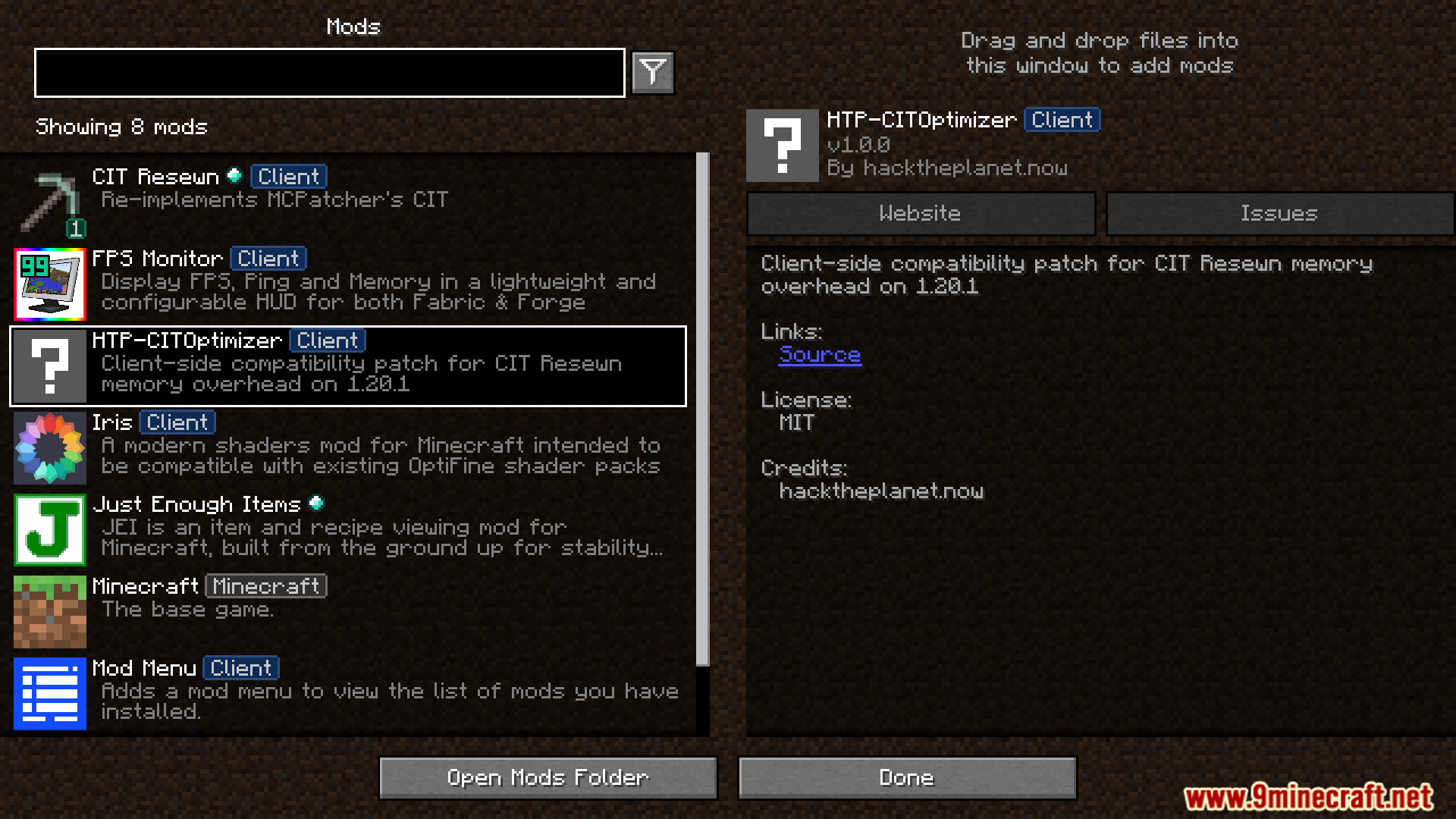 Mod menu displaying the installed HTP CIT Optimizer mod details