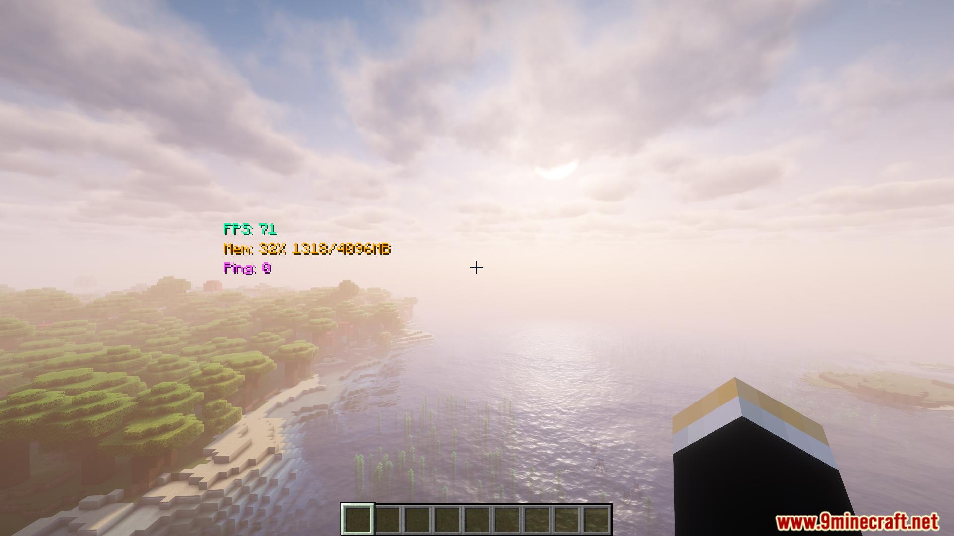 Player viewing coastal landscape with performance HUD showing high frames