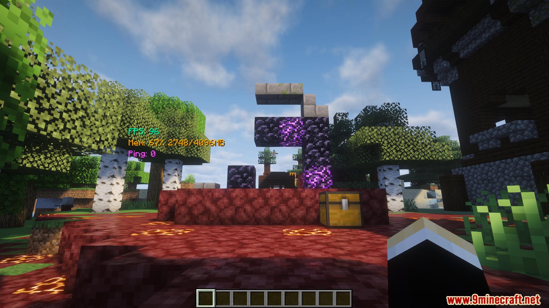 Player looking at ruined portal with memory usage stats displayed