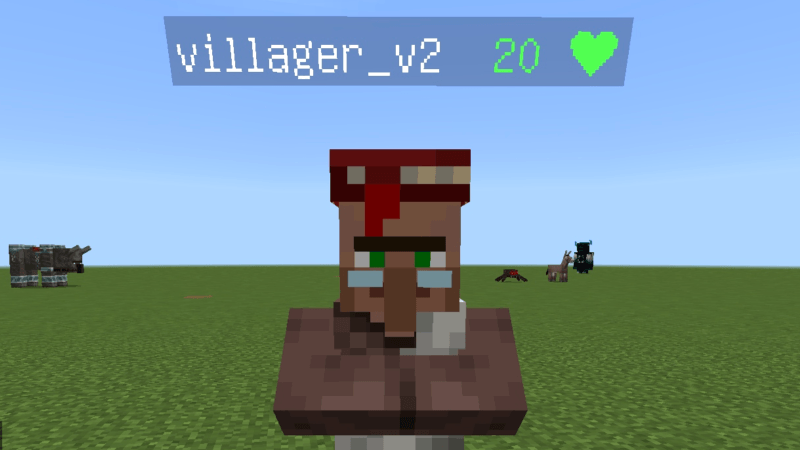 Villager showing twenty health points using Health Bar Api mod