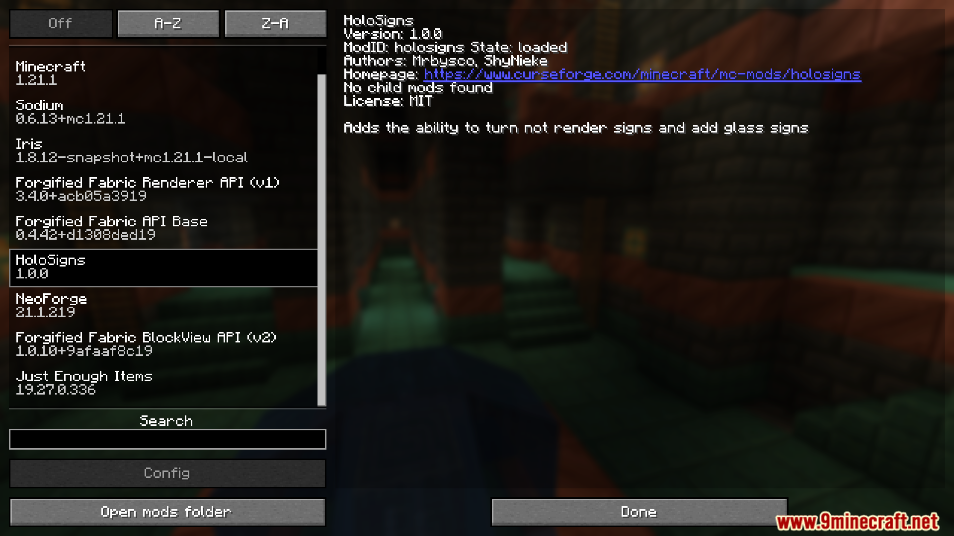 Mod menu displaying the HoloSigns entry and its short description