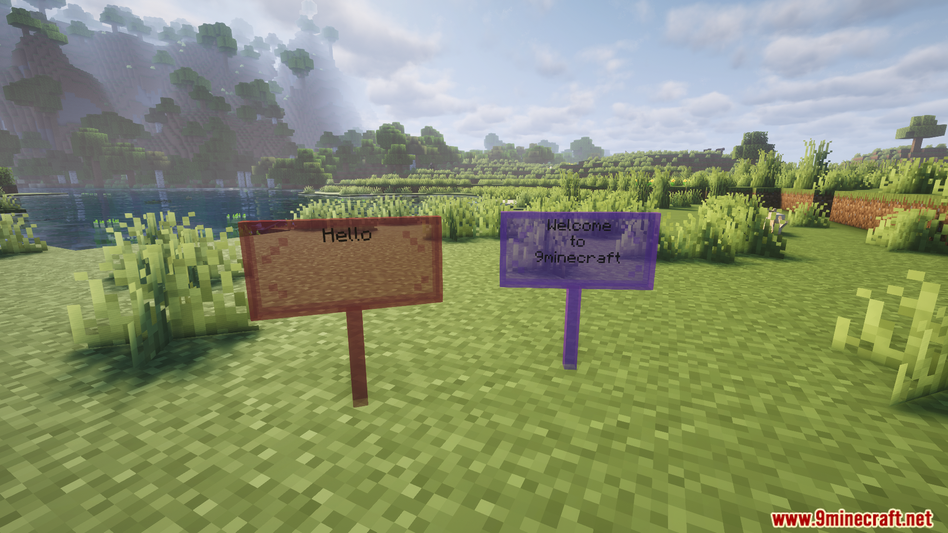 Regular wooden sign placed next to a purple stained glass sign