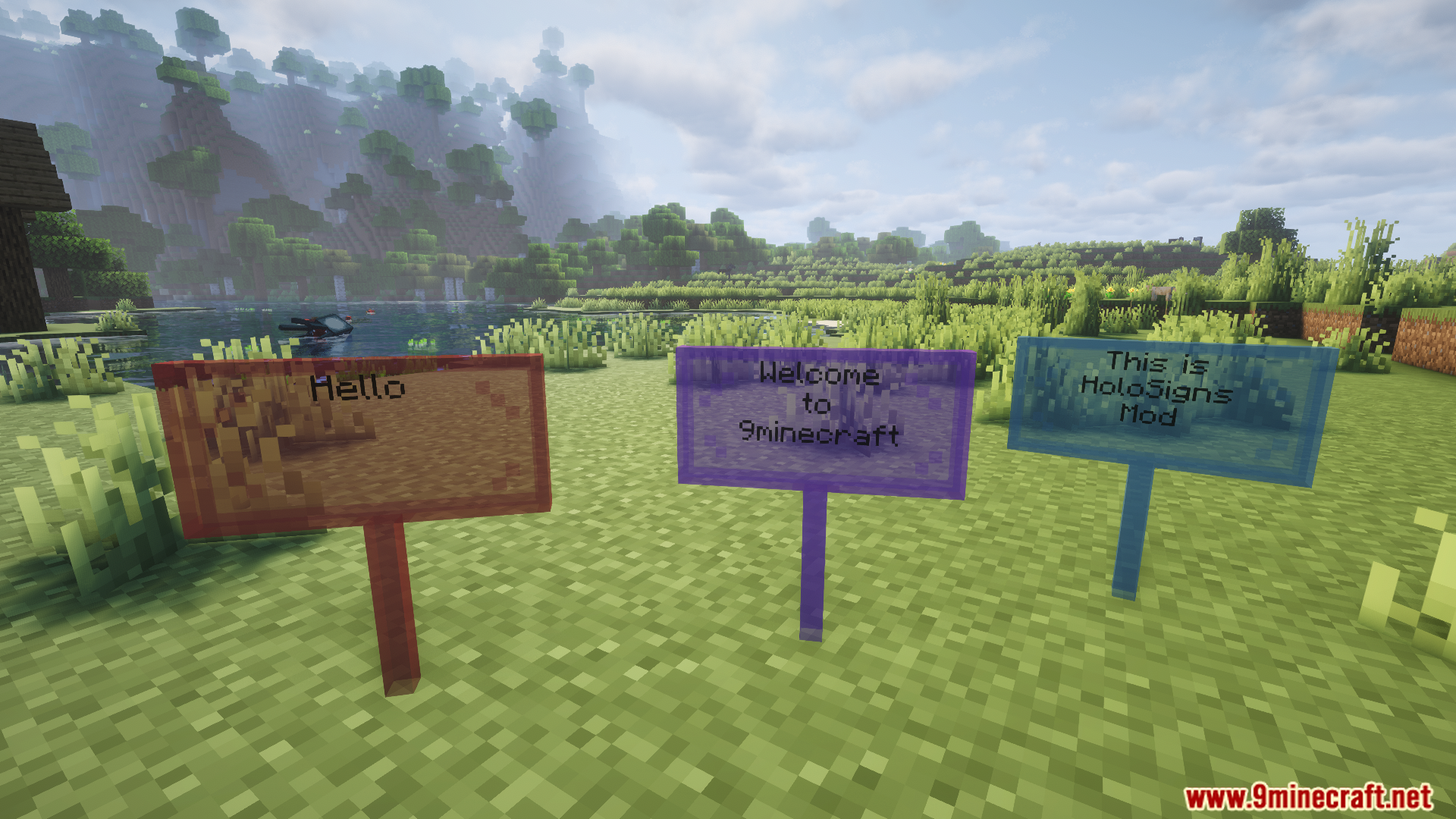 Three different signs displaying invisible backgrounds and colored stained glass styles