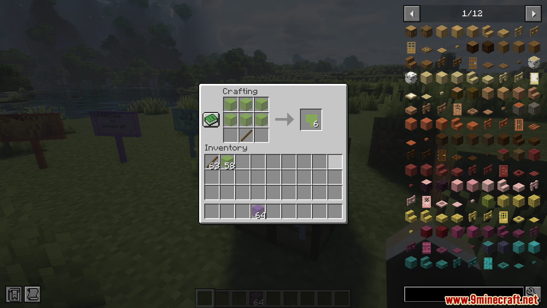 Crafting recipe for lime stained glass signs using glass and sticks