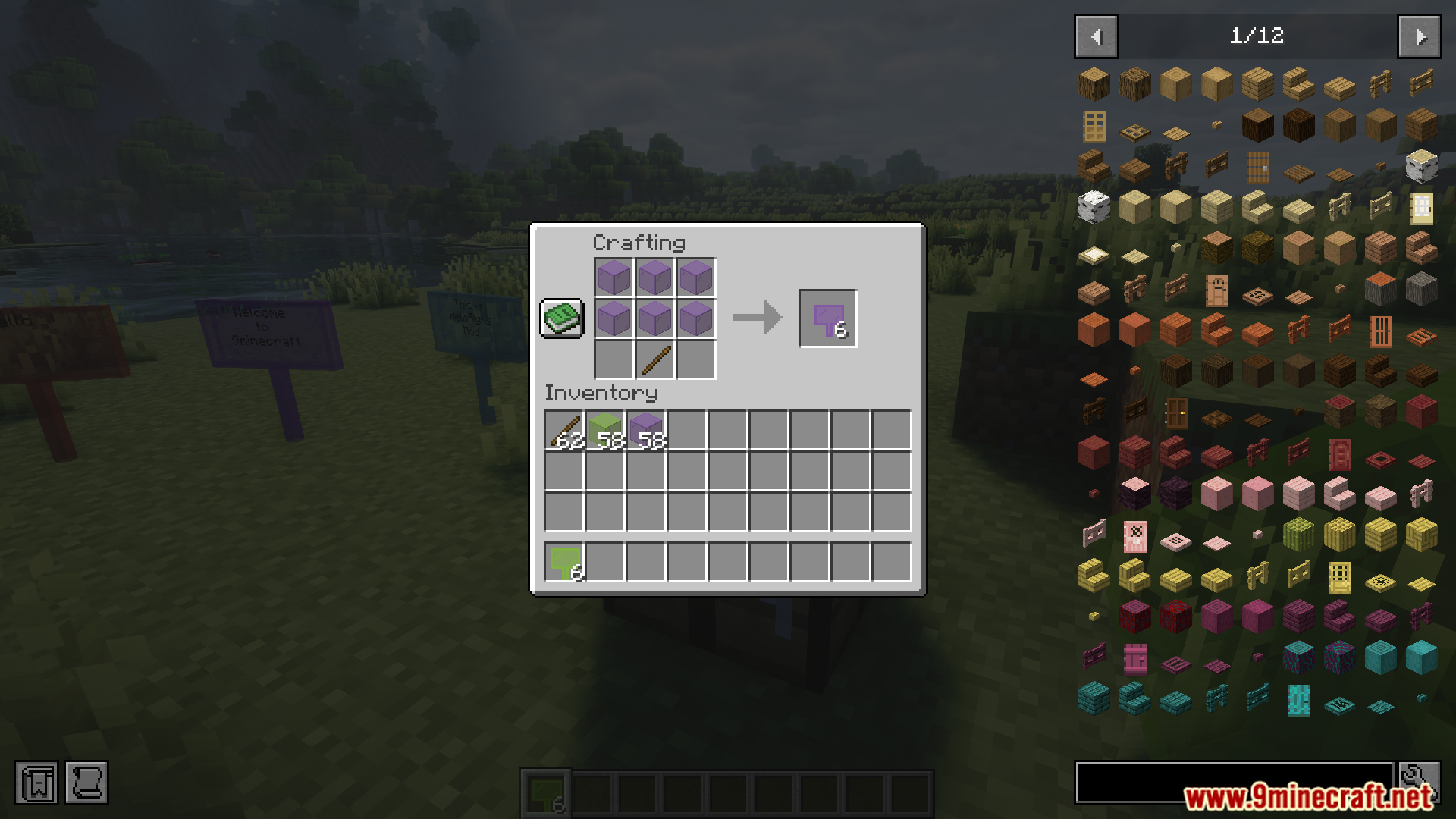 Crafting recipe for purple stained glass signs in the crafting menu