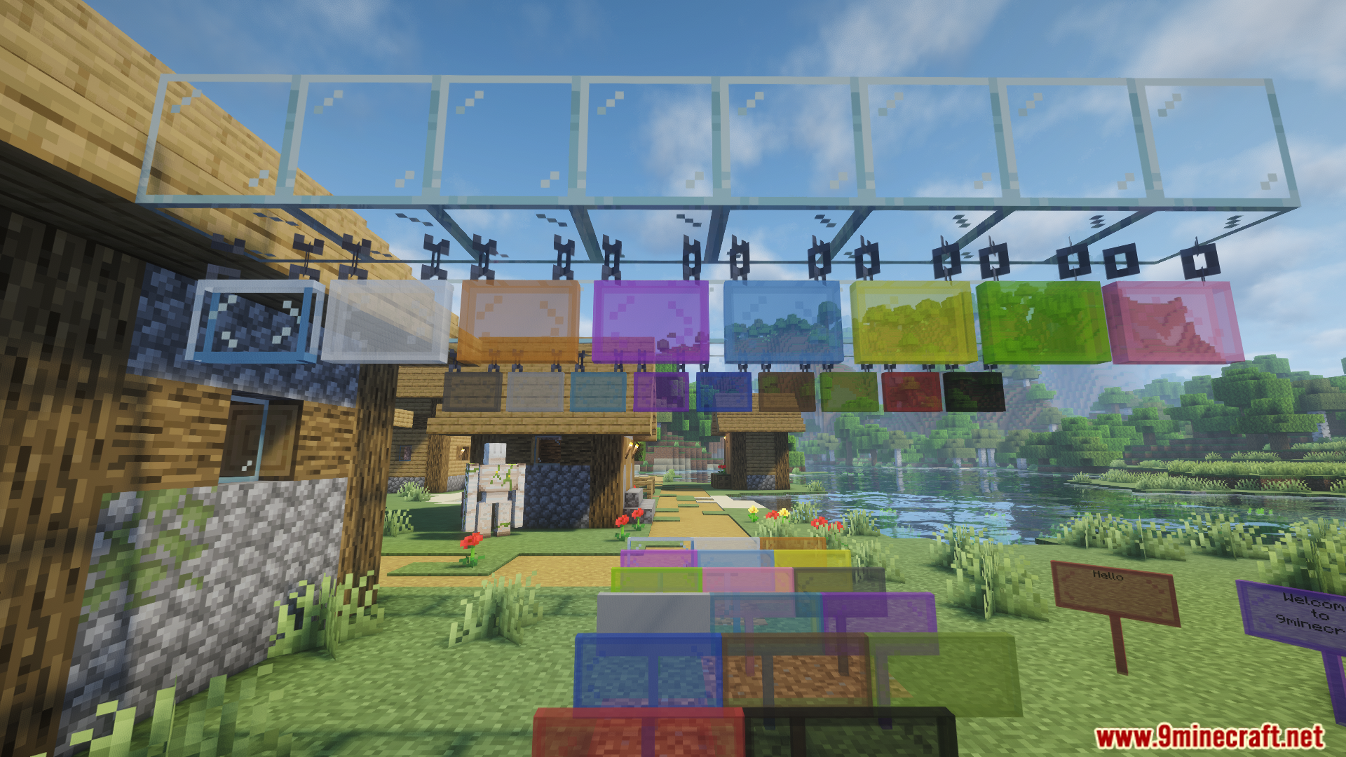 Display of colored glass signs added by the HoloSigns mod