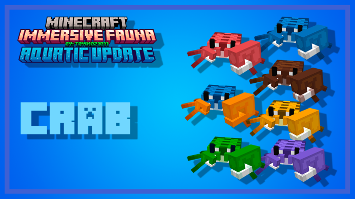 Immersive Fauna Aquatic Update Addon Screenshot 20 Immersive Fauna Aquatic Update features various colorful Minecraft crab variants