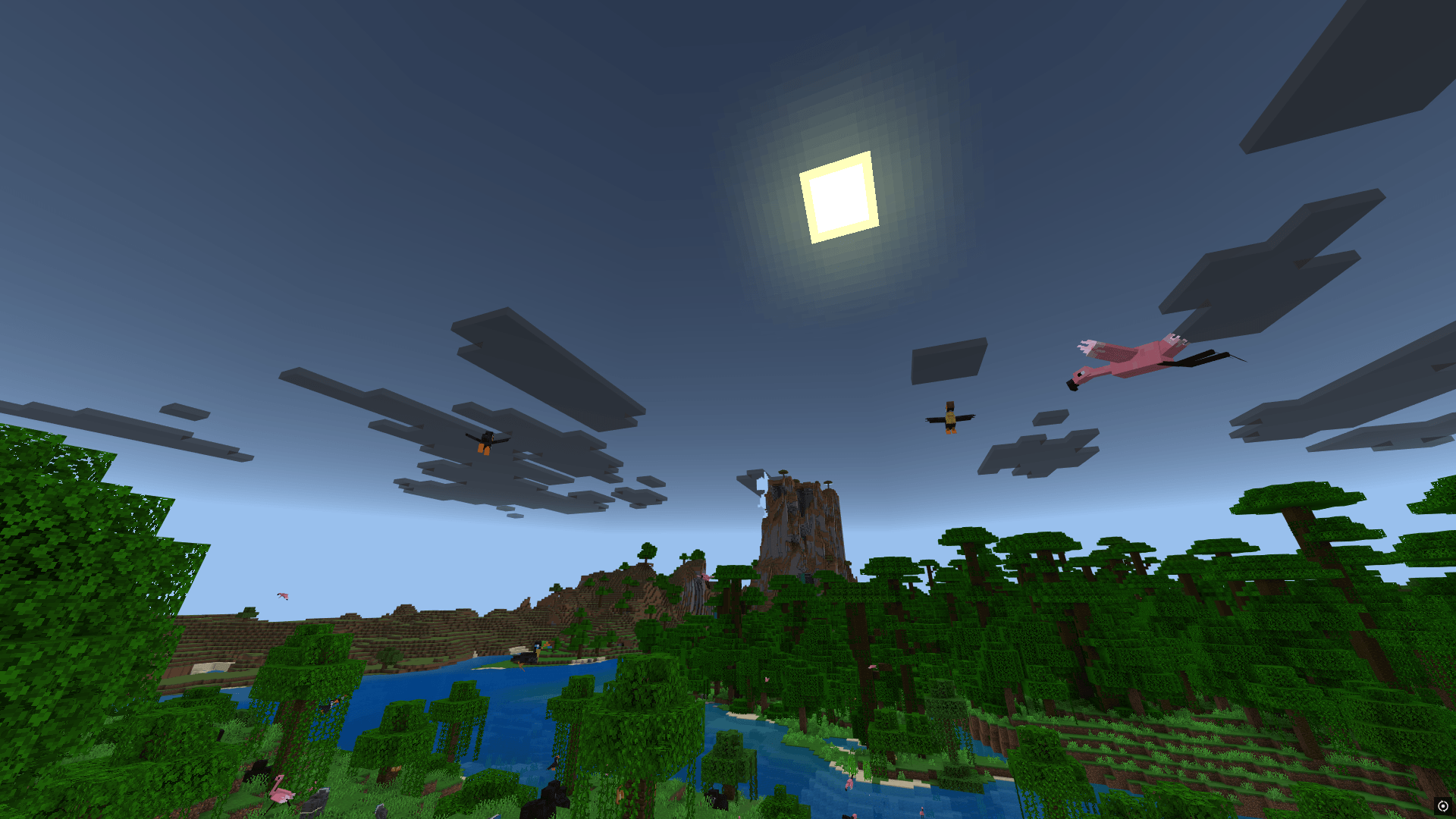 Scenic jungle landscape showing flying birds from the Immersive Fauna mod