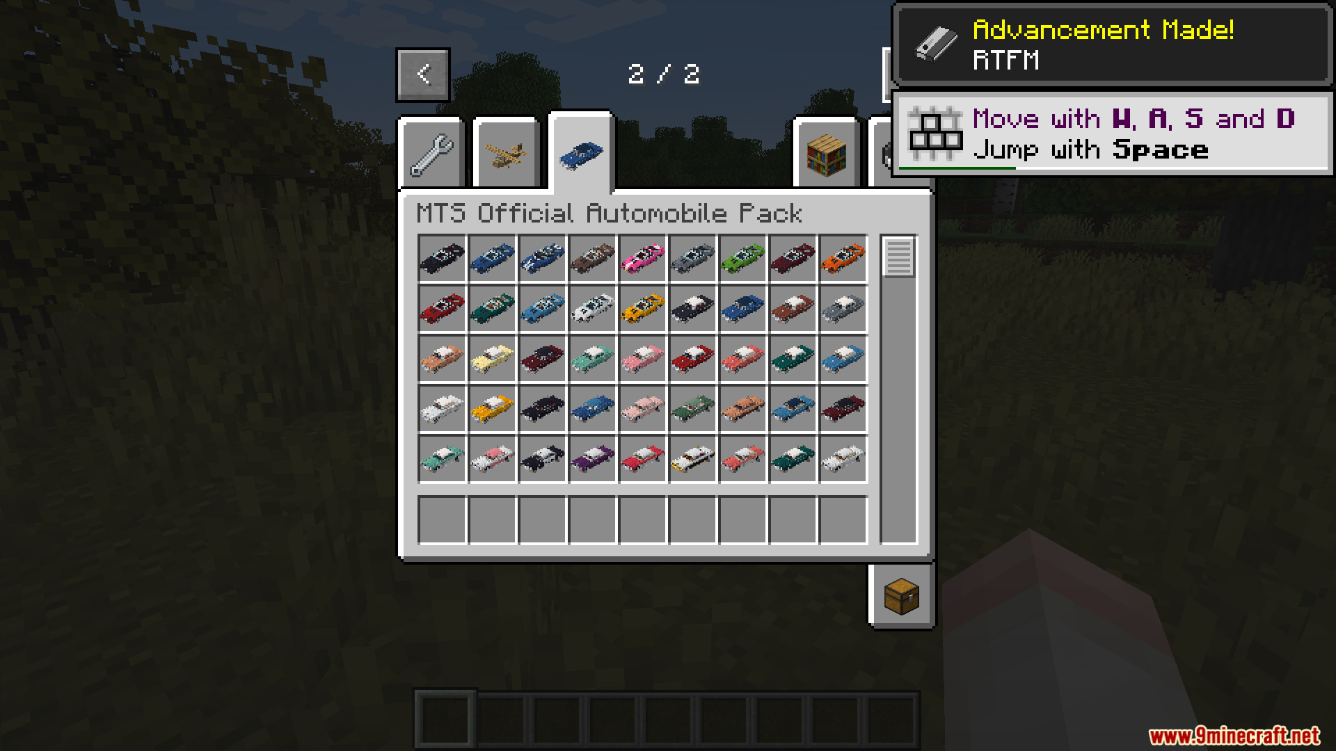 Player viewing creative inventory for Immersive Vehicles Official Automobile Pack