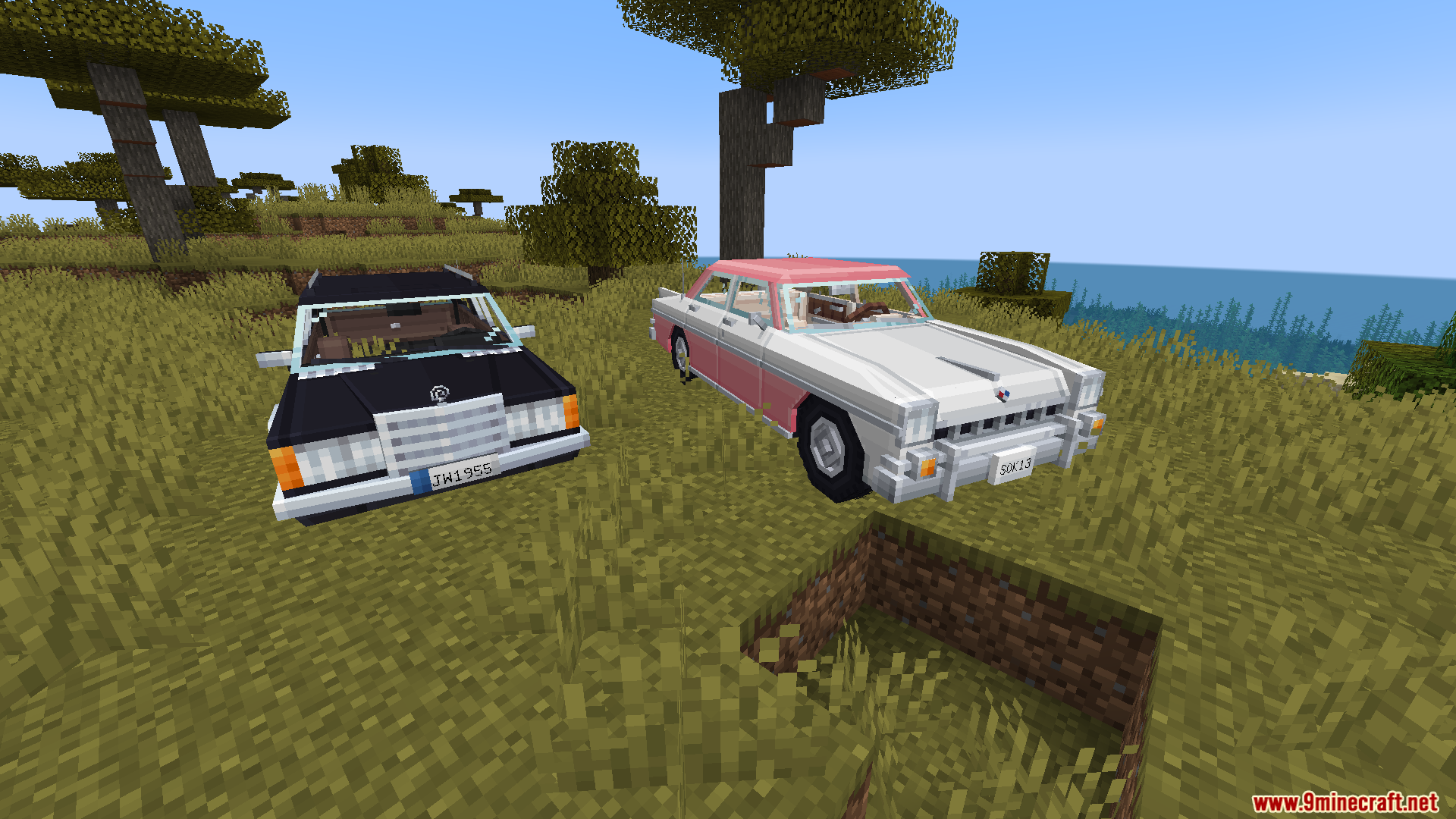 Two cars from Immersive Vehicles Official Automobile Pack Mod parked outside