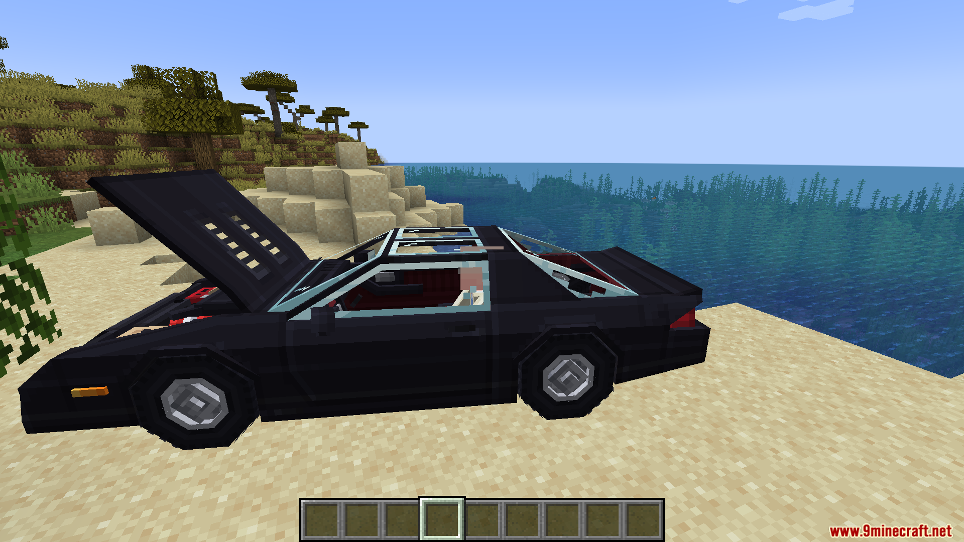 Black sports car with open hood from Immersive Vehicles mod