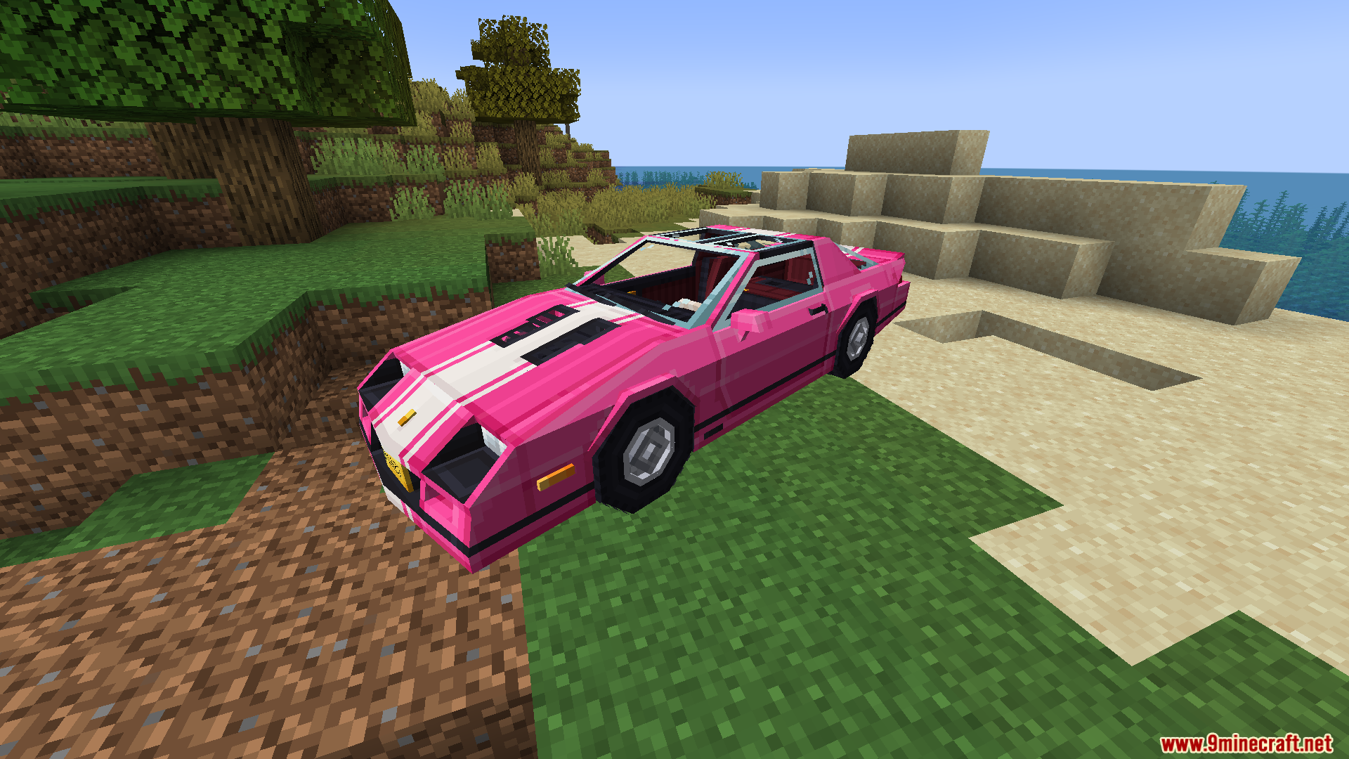 Pink sports car with white stripes from Immersive Vehicles mod