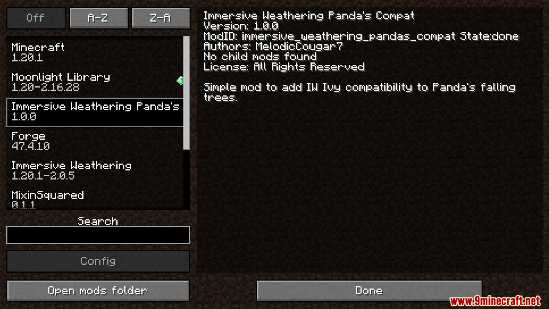 Minecraft mod list displaying the Immersive Weathering Pandas Compat mod
