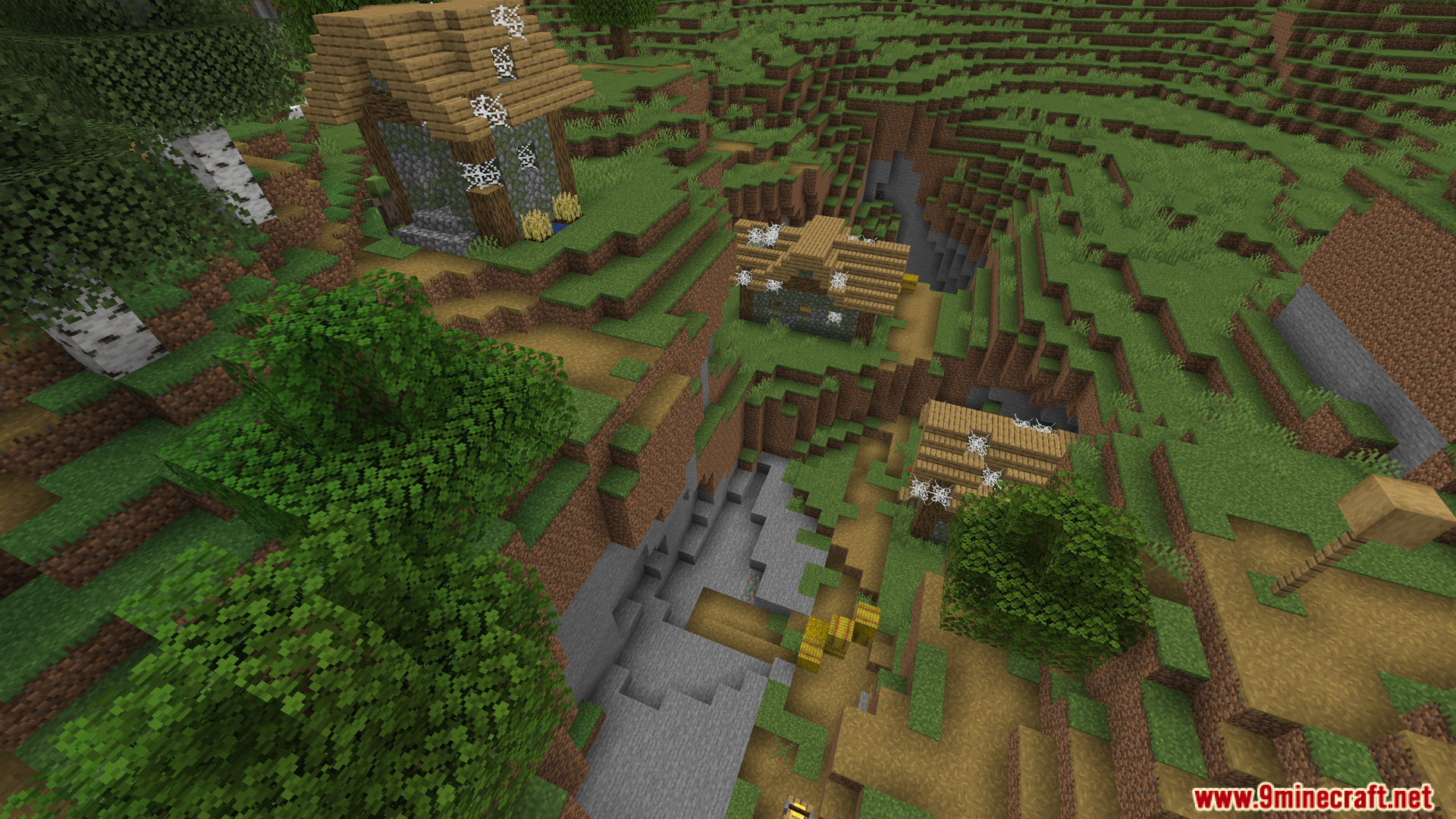 Aerial view of an abandoned zombie village covered in cobwebs