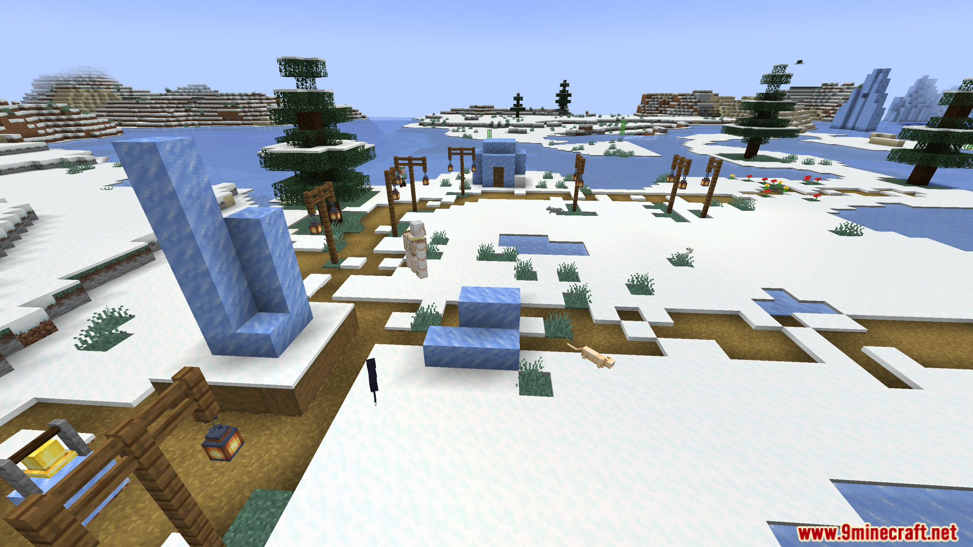 Snowy village with paths a snow golem and large ice blocks