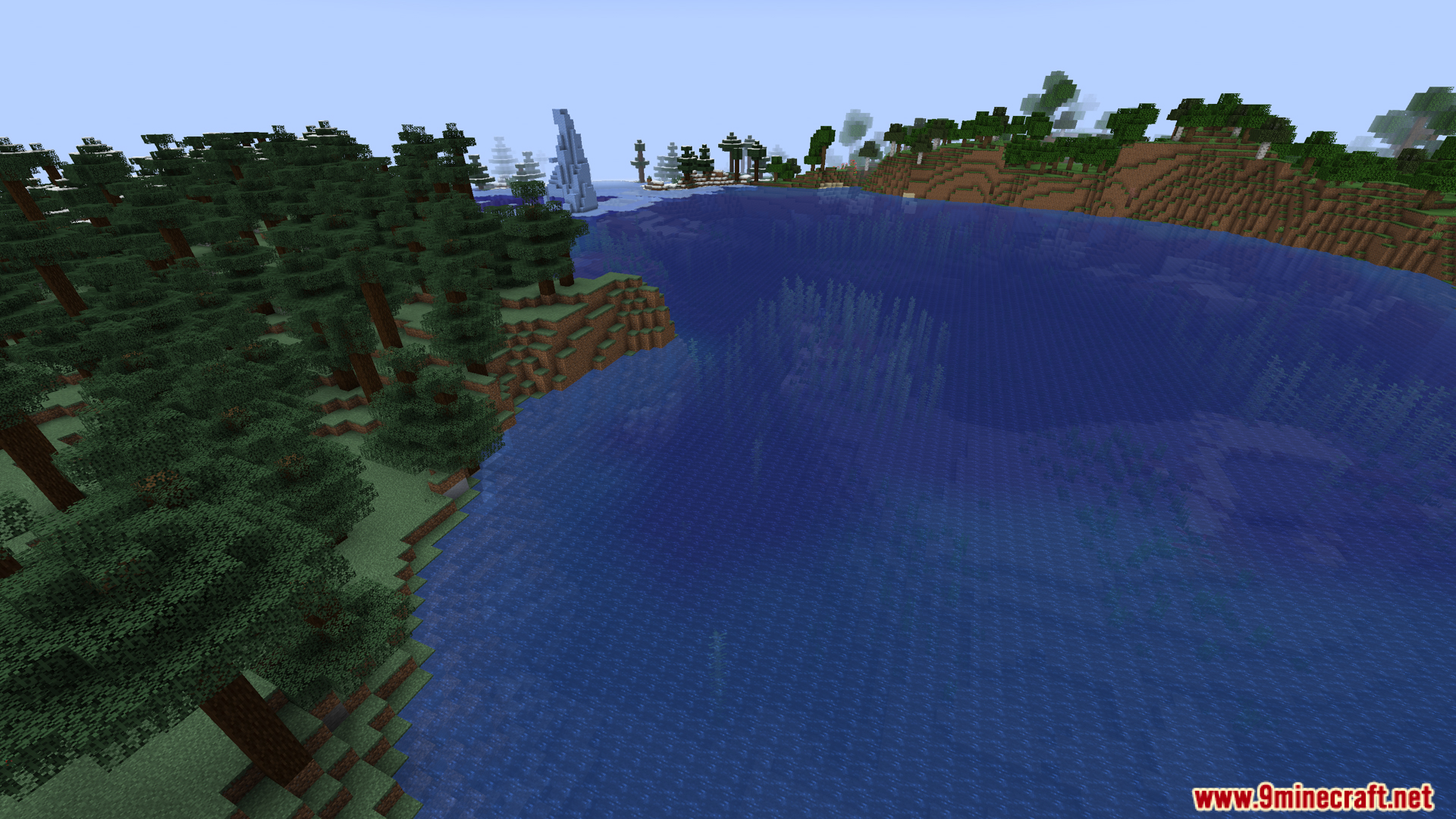 Coastal view of a spruce forest biome bordering a deep ocean