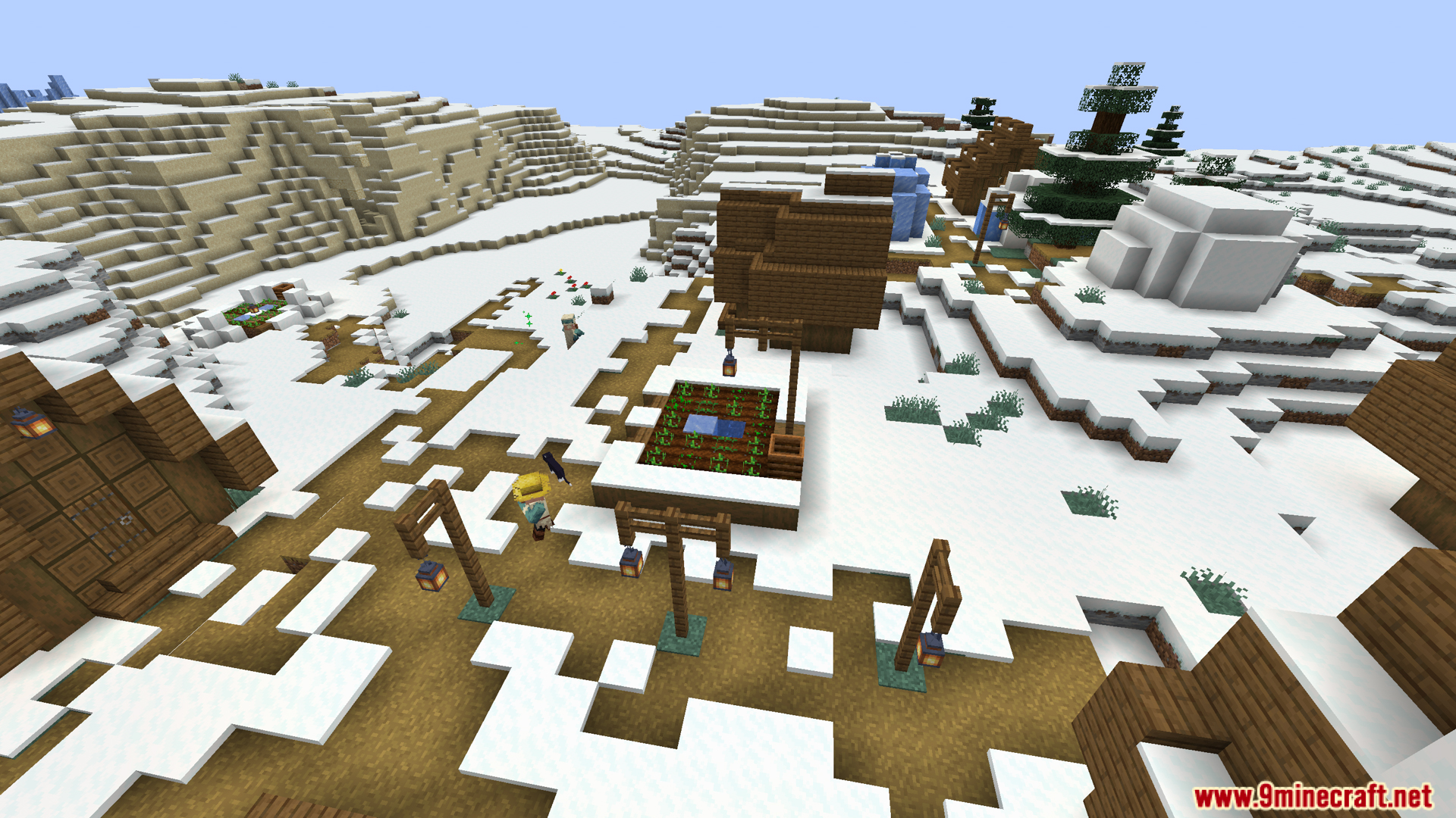 Snowy village scene with wooden houses an igloo and farm plot
