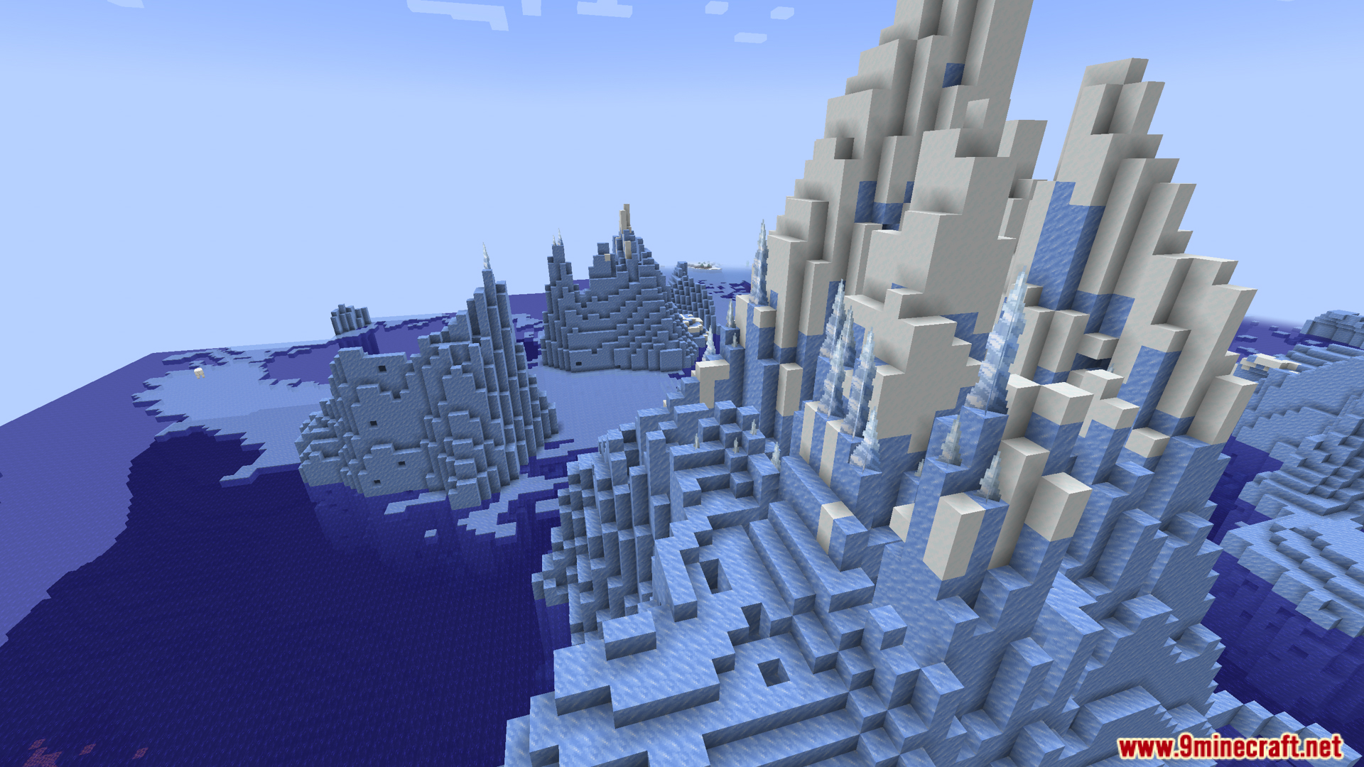 Massive icebergs floating in a dark blue Minecraft ocean biome