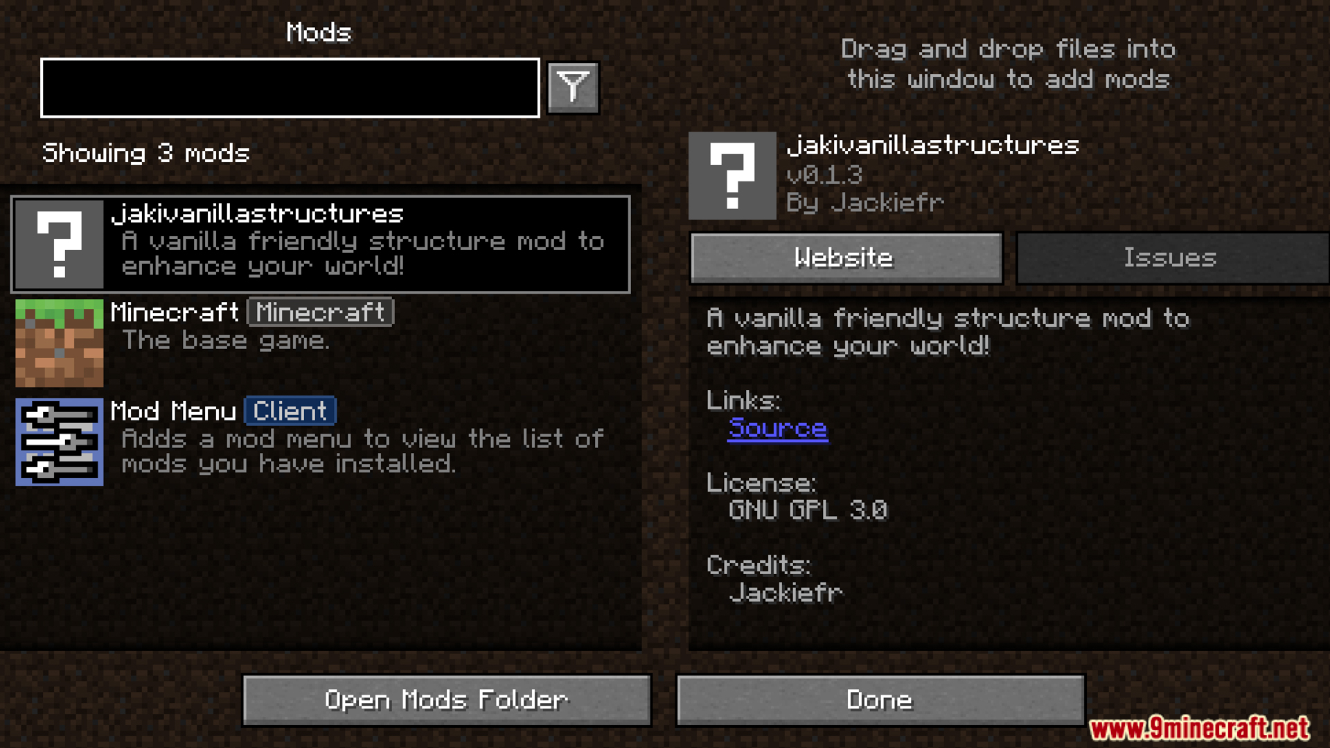 Mod menu interface showing the installed Jaki Versatile Structures mod