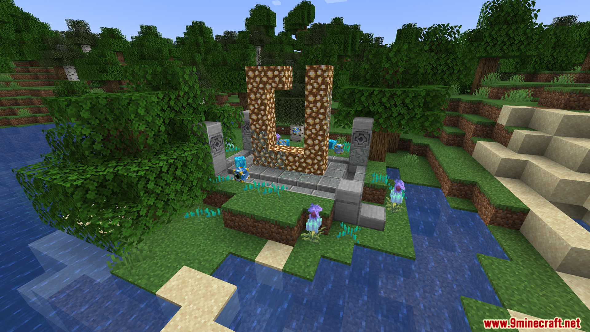 U shaped glowstone structure with stone pillars and blue flowers