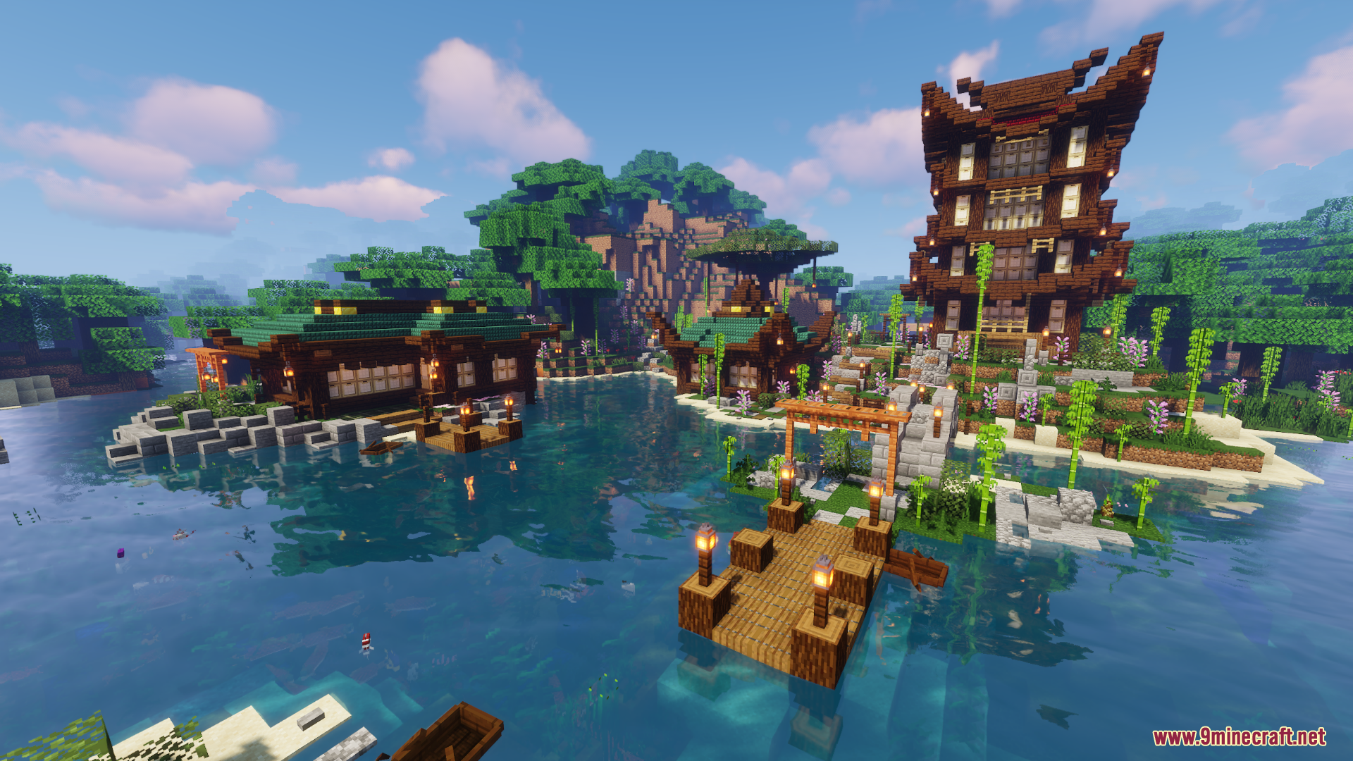 Japanese Style Village Map showing traditional houses and tall pagoda