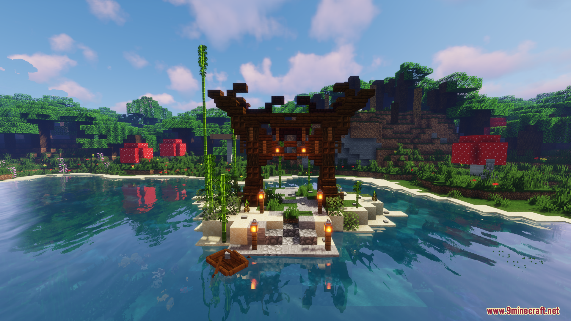 Traditional wooden gate on small island with bamboo and water