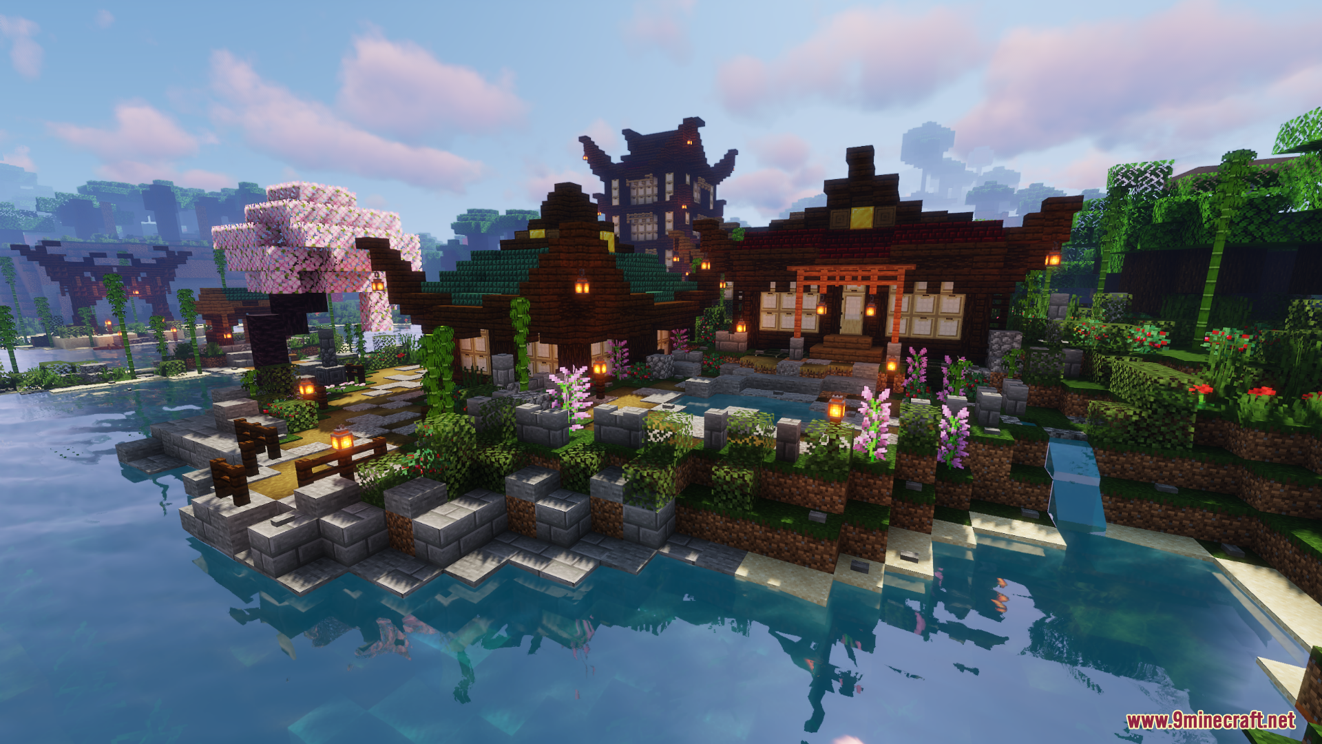 Wide view of the Japanese style village map with small islands