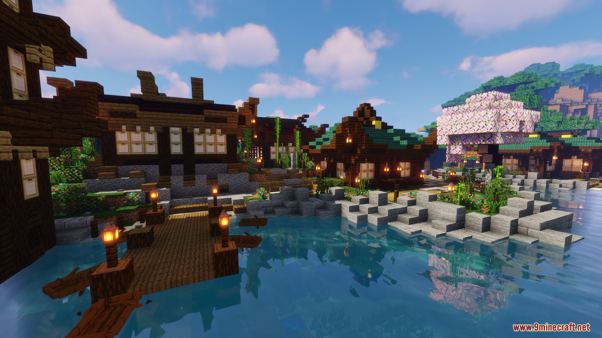 Wooden dock and traditional buildings in Japanese Style Village Map