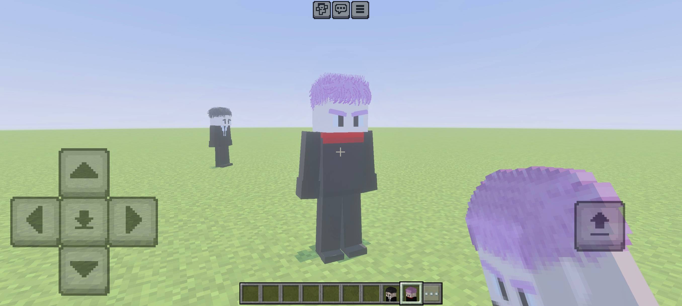 Spawning the Yuji Itadori character in a flat Minecraft world