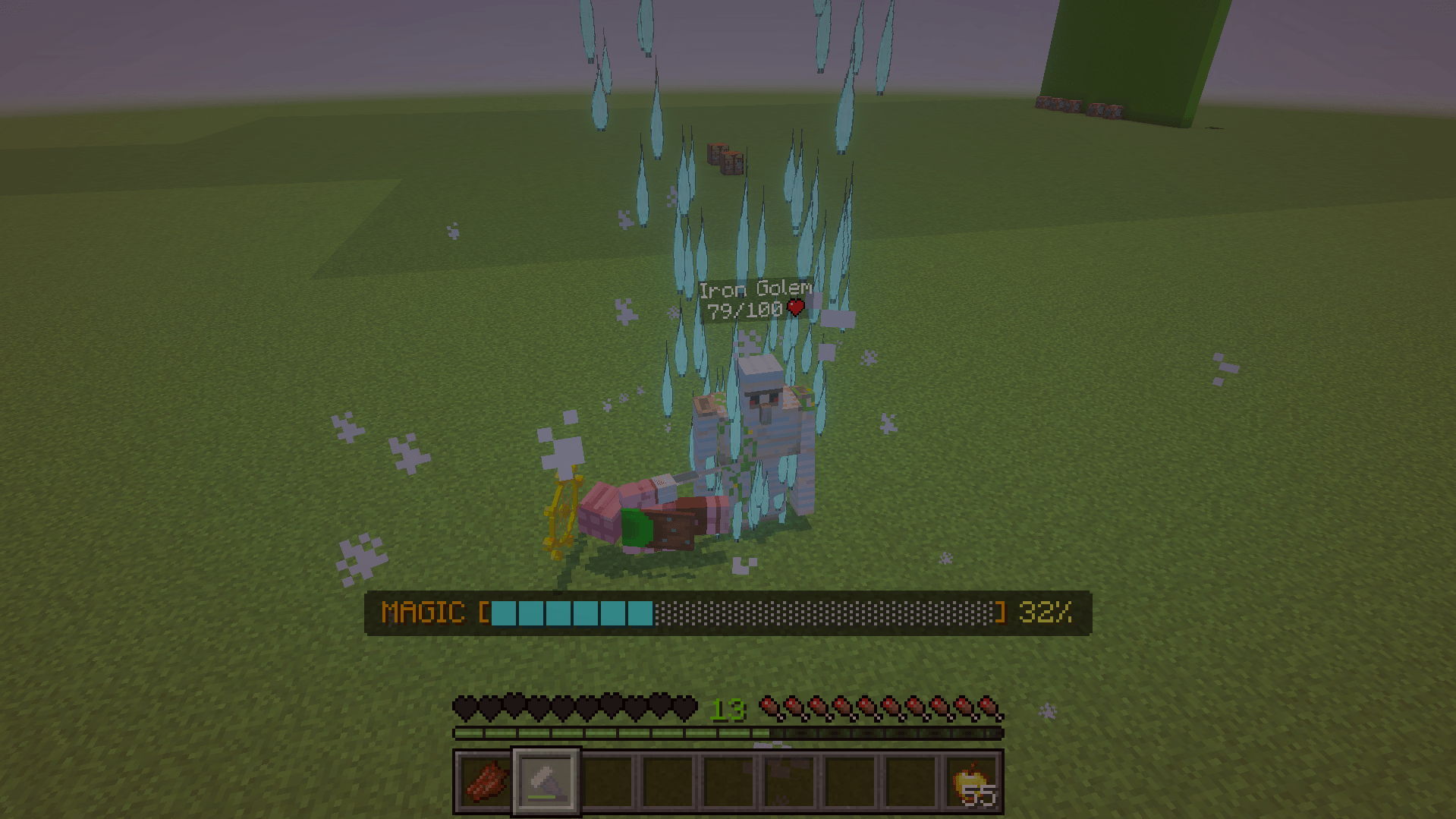 Player with golden wheel using magic to attack Iron Golem