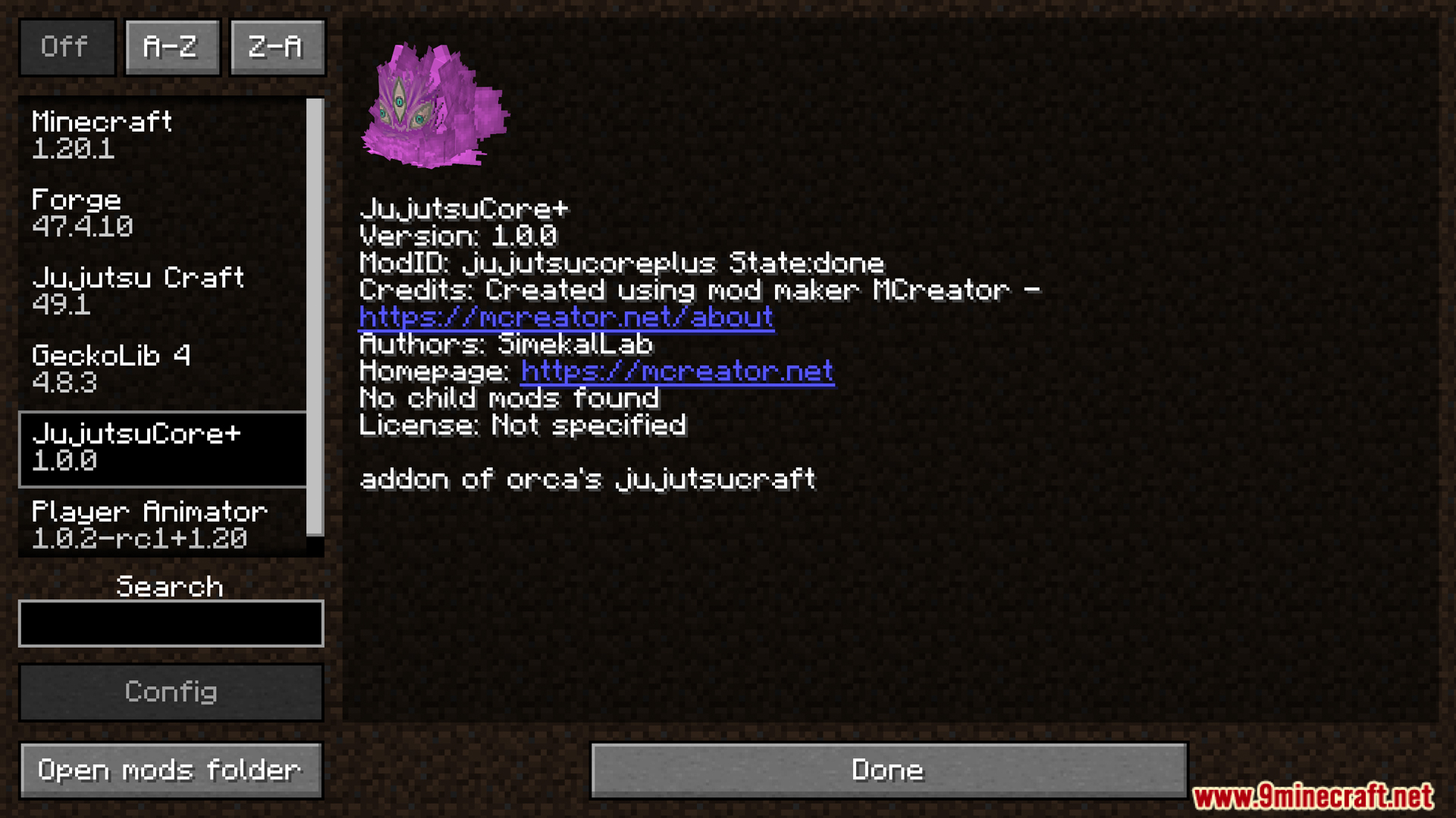 Minecraft mod list menu displaying JujutsuCore addon details