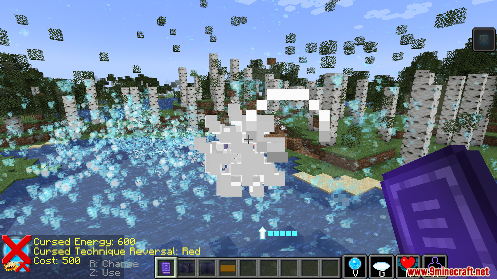 Player casting Cursed Technique Reversal Red causing massive white particle explosion