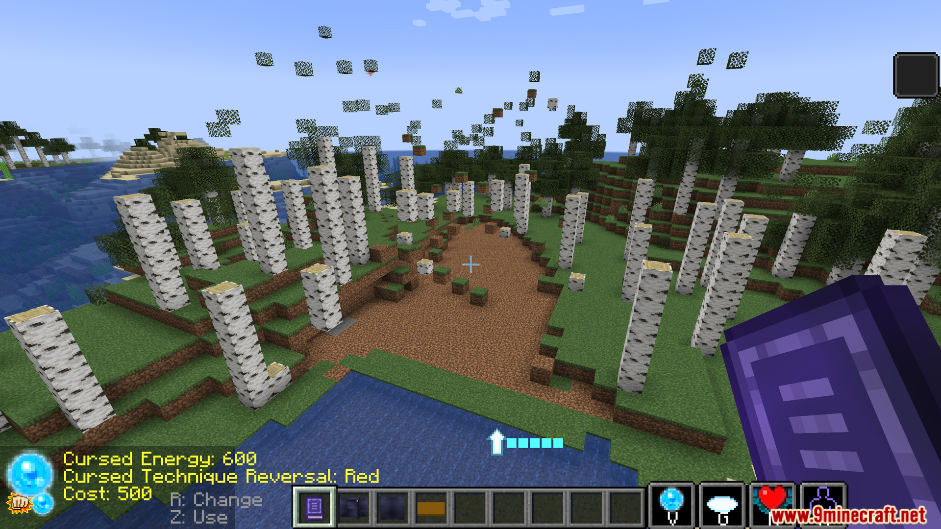 Destroyed birch forest terrain and floating blocks after cursed technique attack