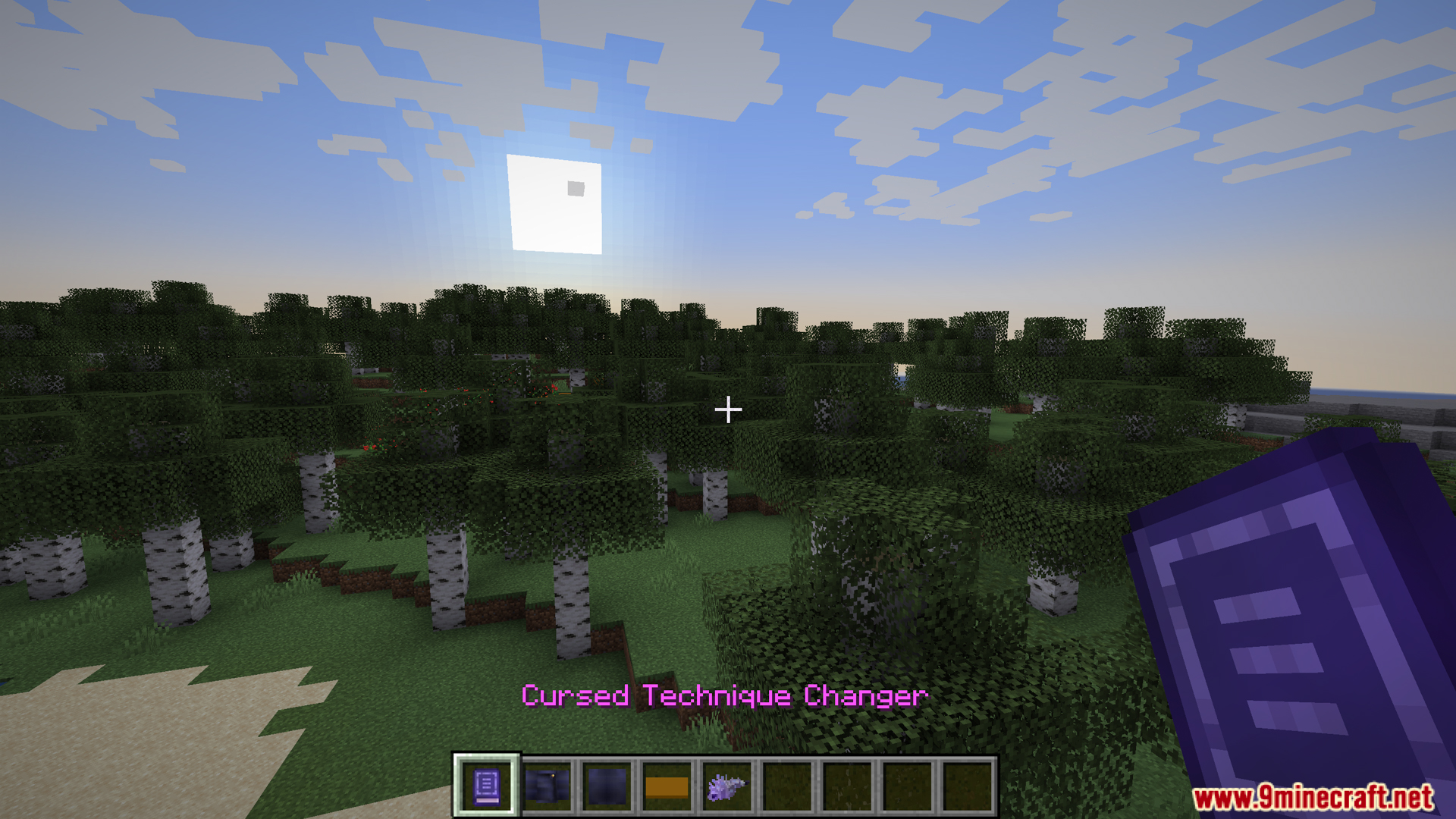 Player holding a Cursed Technique Changer book in birch forest