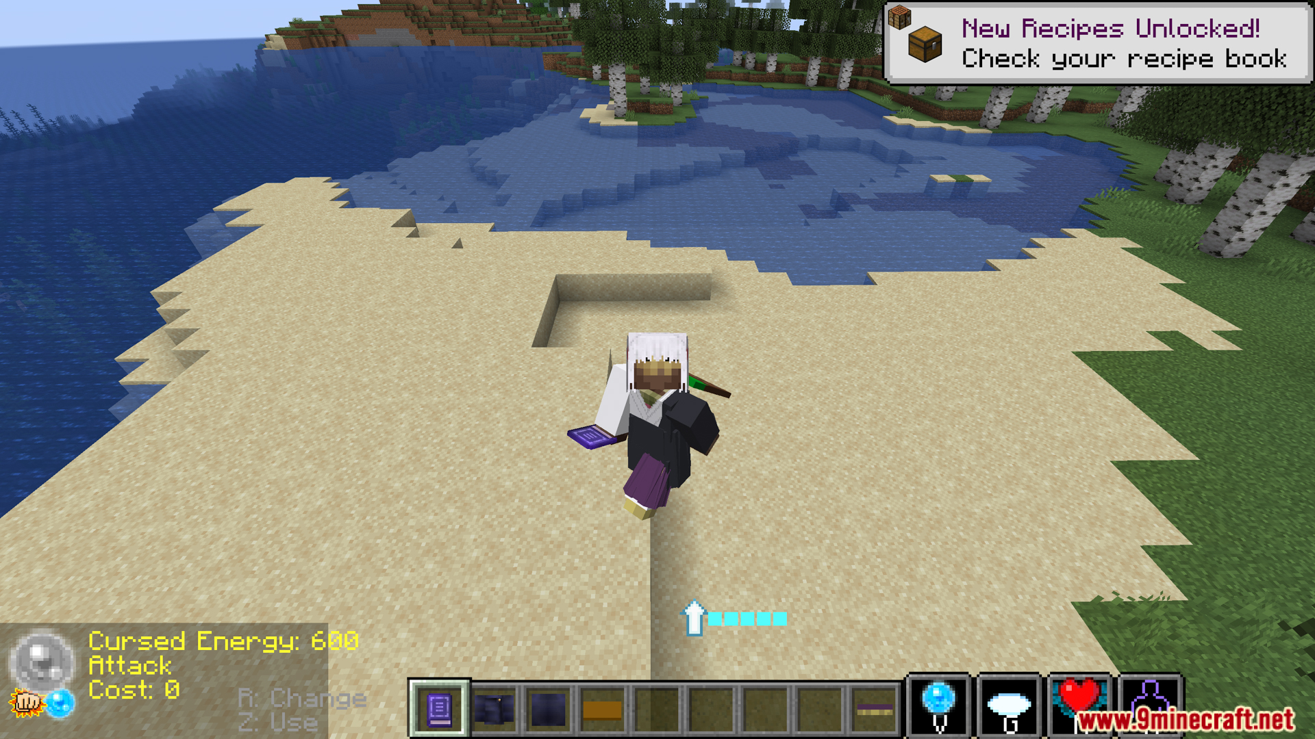 Player character with Cursed Energy interface standing on sand