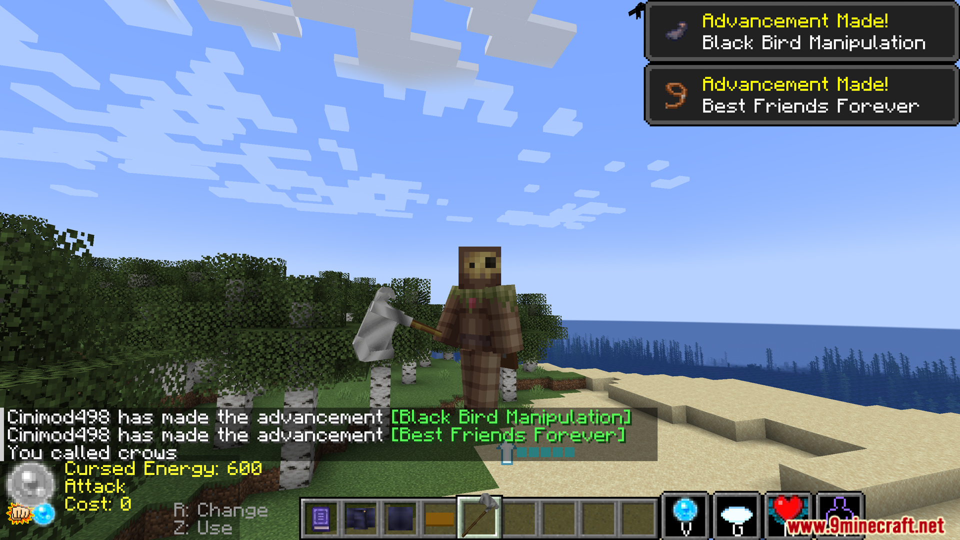 Player unlocking Black Bird Manipulation advancement in Jujutsucore mod