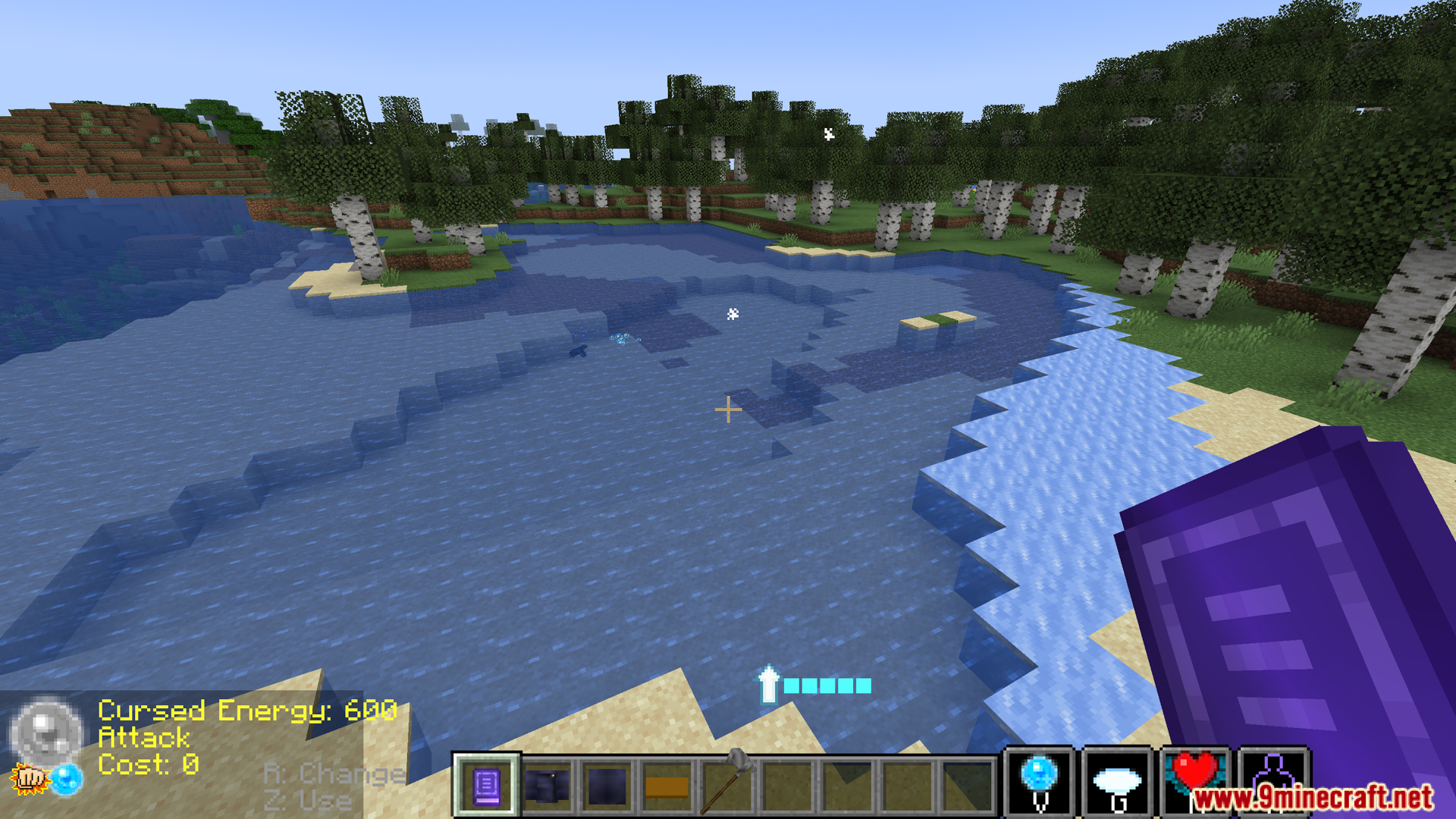 Jujutsucore mod showing cursed energy UI and a purple item