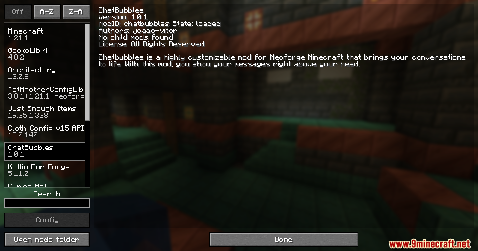 ChatBubbles mod information in the Minecraft mods menu