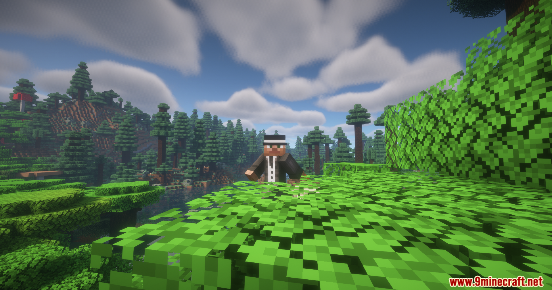 A player character stands on a treetop in a forest