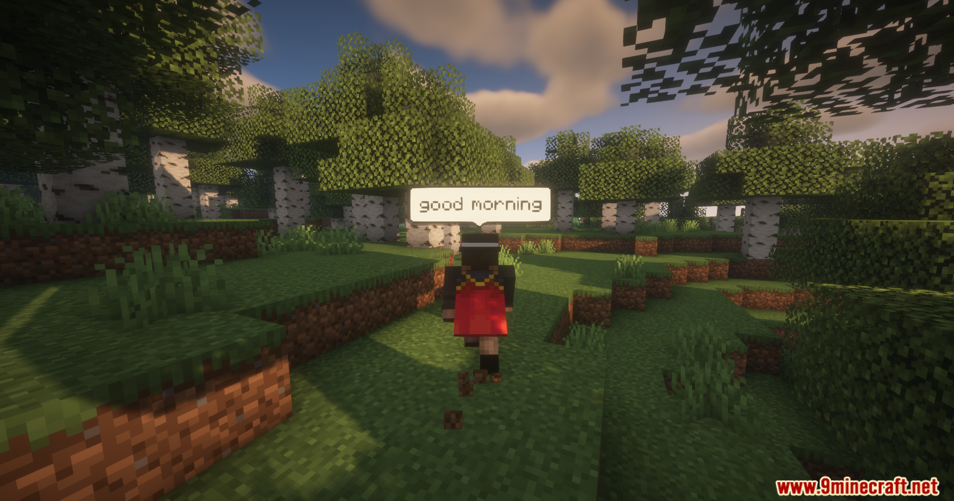 Player says good morning with a floating text bubble