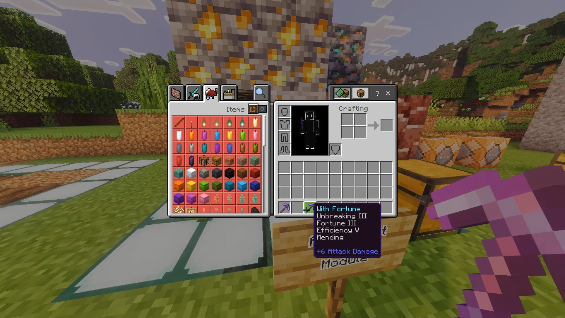 Player holding enchanted pickaxe to mine ores using Keystone Addon Mod