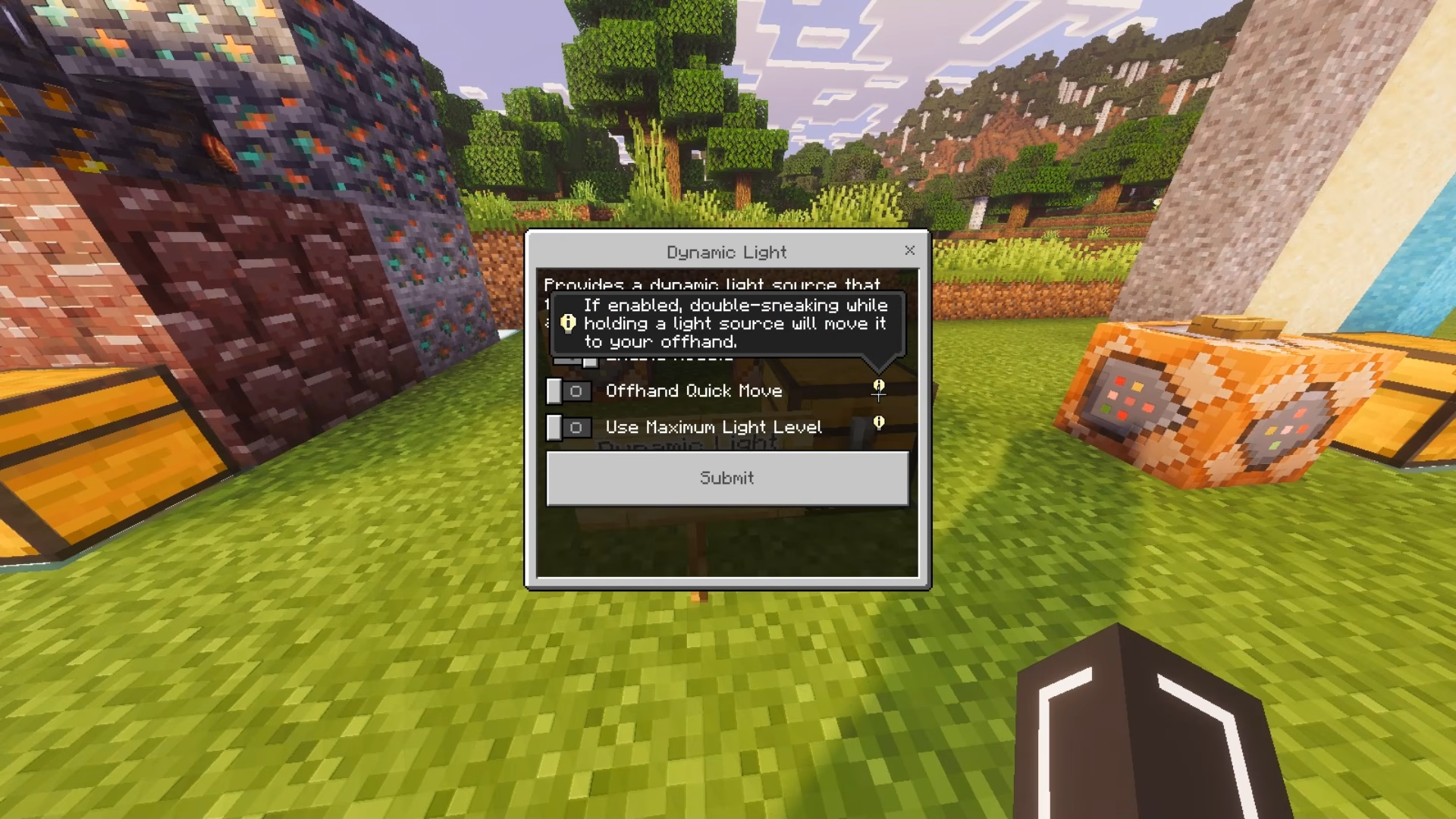 Player viewing the dynamic light settings menu in Keystone Addon Mod