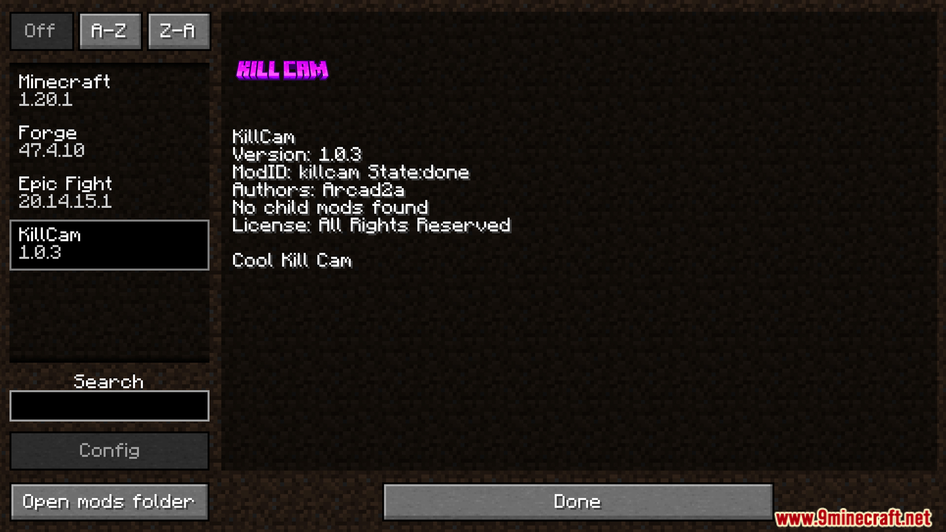 KillCam mod details shown in the mods menu